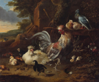 Melchior de Hondecoeter, Kogut i kura z kurczętami i gołębiami